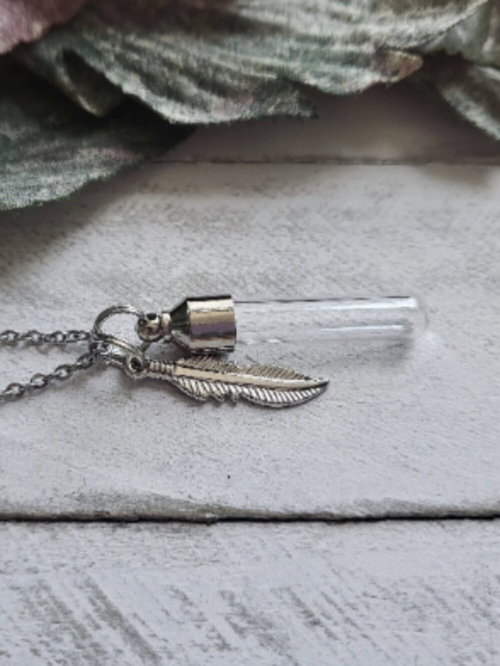Stainless Steel Necklace Glass Vial Tube Feather Charm